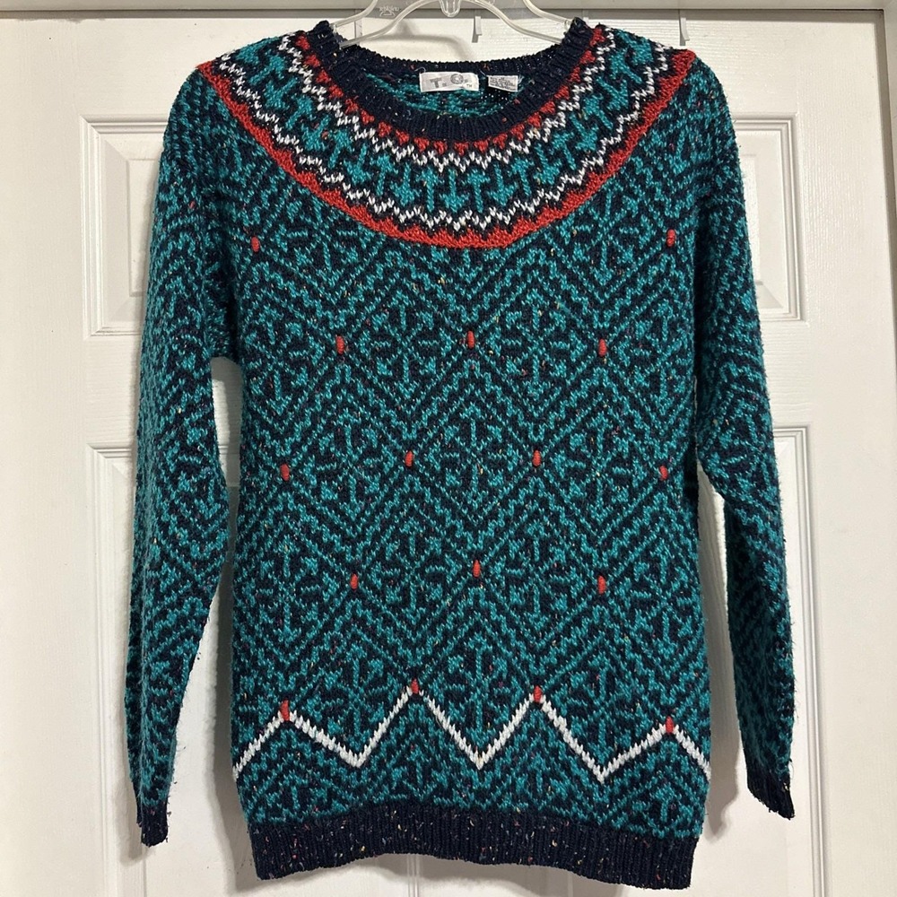 T.Q. Vintage Women's Teal Geometric Pattern Knit Pullover Sweater Medium‎ 90's